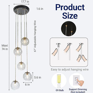 12'' 5-Light Modern Clear Ripple Glass Staircase Chandelier Globe Bubble Textured Glass Pendant