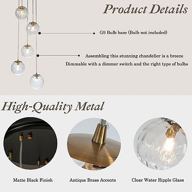 12'' 5-Light Modern Clear Ripple Glass Staircase Chandelier Globe Bubble Textured Glass Pendant