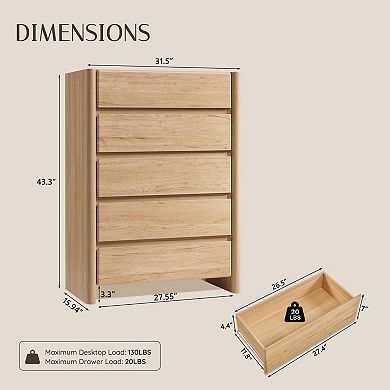 Modern 5-Drawer Dresser for Bedroom, Wood Handleless Chest with Rounded Corners & Large Storage