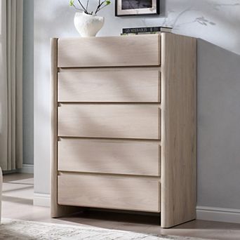 Modern 5-Drawer Dresser for Bedroom, Wood Handleless Chest with Rounded Corners & Large Storage