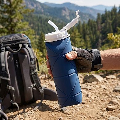 Collapsible Silicone Water Bottle with Straw Leak Resistant Folding Design and Compact Travel Size