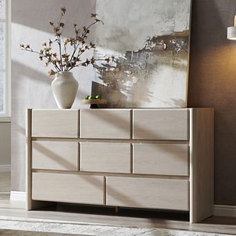 Modern 8-Drawer 55" Wide Dresser, Large Wood Storage Chest with Rounded Corners for Bedroom Hallway