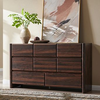 Modern 8-Drawer 55" Wide Dresser, Large Wood Storage Chest with Rounded Corners for Bedroom Hallway