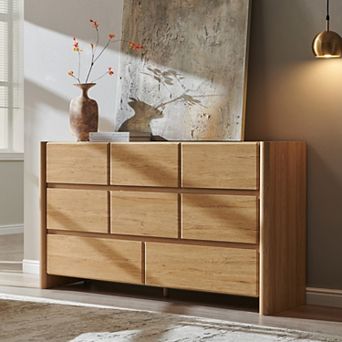 Modern 8-Drawer 55" Wide Dresser, Large Wood Storage Chest with Rounded Corners for Bedroom Hallway