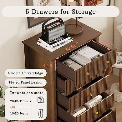 45" Tall Modern Storage Cabinet with Fluted 5 Drawer and Metal Handle