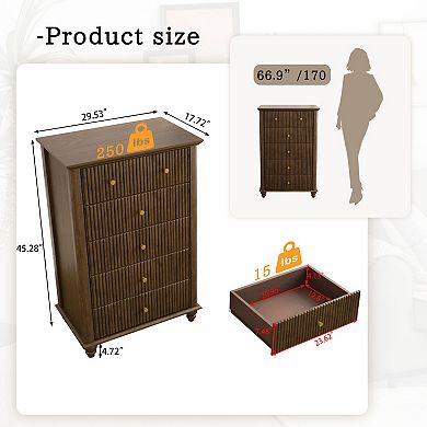 45" Tall Modern Storage Cabinet with Fluted 5 Drawer and Metal Handle