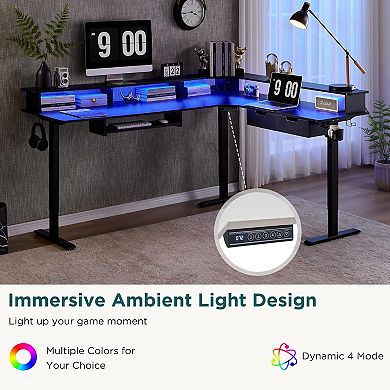 75" L-Shaped Electric Standing Desk with LED Lights, Height Adjustable Computer Desk with Drawers
