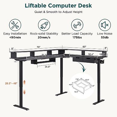 75" L-Shaped Electric Standing Desk with LED Lights, Height Adjustable Computer Desk with Drawers