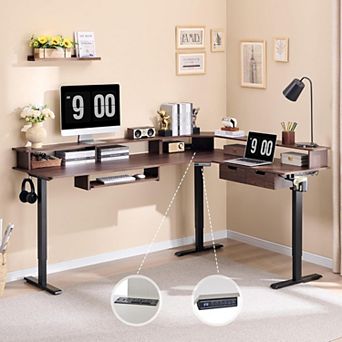 75" L-Shaped Electric Standing Desk with LED Lights, Height Adjustable Computer Desk with Drawers