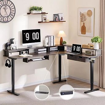 75" L-Shaped Electric Standing Desk with LED Lights, Height Adjustable Computer Desk with Drawers