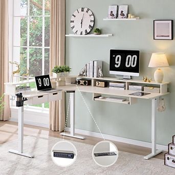 75" L-Shaped Electric Standing Desk with LED Lights, Height Adjustable Computer Desk with Drawers