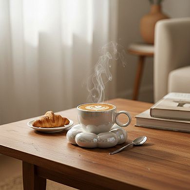 Sculpted Bubble Base Ceramic Coffee Mug with Matching Saucer