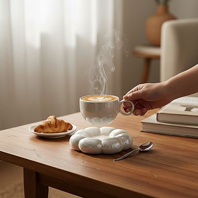 Sculpted Bubble Base Ceramic Coffee Mug with Matching Saucer