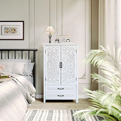 27" Accent Tall White Storage Cabinet with Two Doors and Two Drawers