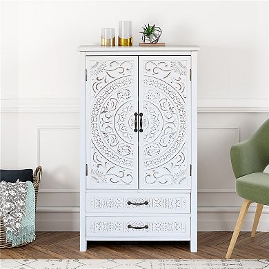 27" Accent Tall White Storage Cabinet with Two Doors and Two Drawers