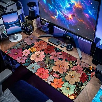 Gaming Mouse Pad Desk Mat with Floral Print Stitched Edges for Keyboard and Laptop