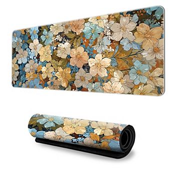 Gaming Mouse Pad Desk Mat with Floral Print Stitched Edges for Keyboard and Laptop