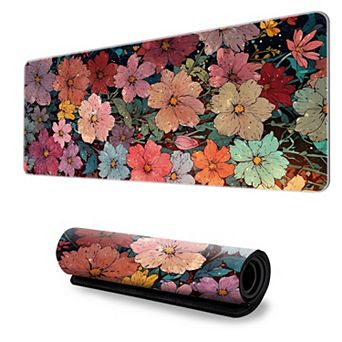 Gaming Mouse Pad Desk Mat with Floral Print Stitched Edges for Keyboard and Laptop