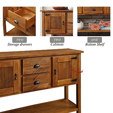 48" Solid Wood Sideboard, Retro Console Table with 2 Drawers & Cabinets, Bottom Shelf