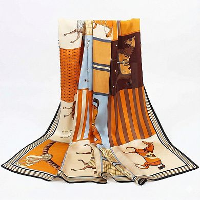 Women's Square Equestrian Horse Satin Scarf Lightweight Silk Feel Wrap 27.5 Inch