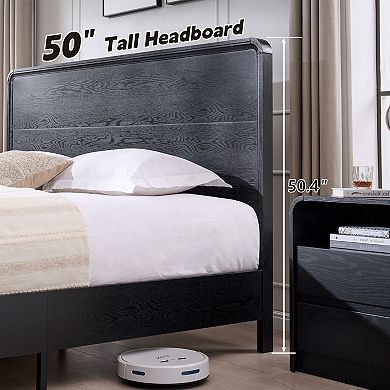 Modern Bed Frame with 50" Curved Headboard & Storage Drawers, No Box Spring Needed