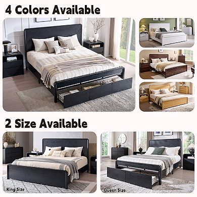 Modern Bed Frame with 50" Curved Headboard & Storage Drawers, No Box Spring Needed