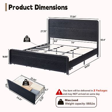 Modern Bed Frame with 50" Curved Headboard & Storage Drawers, No Box Spring Needed