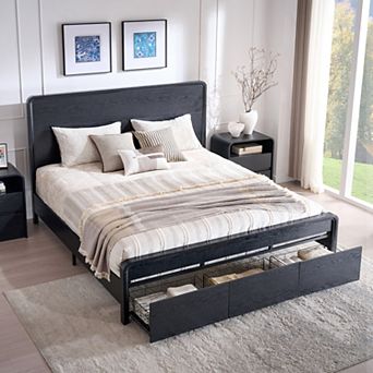 Modern Bed Frame with 50" Curved Headboard & Storage Drawers, No Box Spring Needed