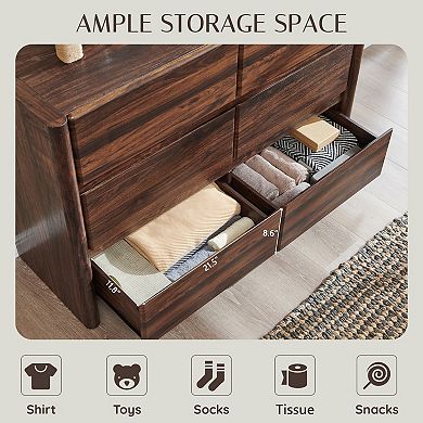 Modern 6-Drawer Dresser for Bedroom, Wide Wood Handleless Chest with Large Storage