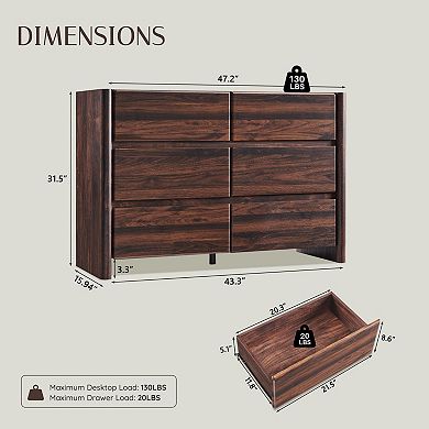 Modern 6-Drawer Dresser for Bedroom, Wide Wood Handleless Chest with Large Storage