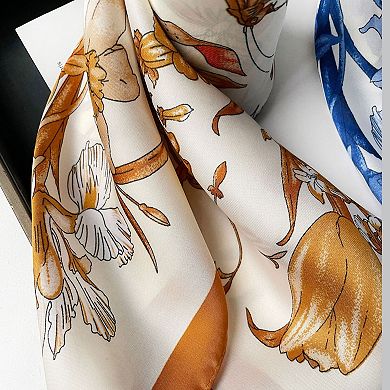 Women's Square Floral Silk Feel Scarf Lightweight Botanical Print Neck Wrap 27.5 Inch