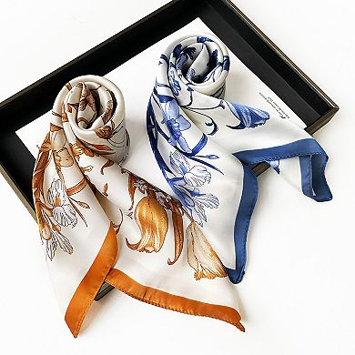 Women's Square Floral Silk Feel Scarf Lightweight Botanical Print Neck Wrap 27.5 Inch