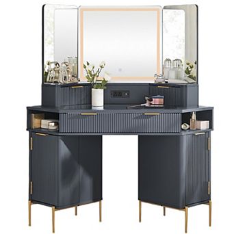 Modern Vanity Desk with LED Mirror, Fluted Makeup Table with Glass Top, Charging Station & Storage