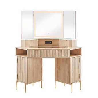 Modern Vanity Desk with LED Mirror, Fluted Makeup Table with Glass Top, Charging Station & Storage