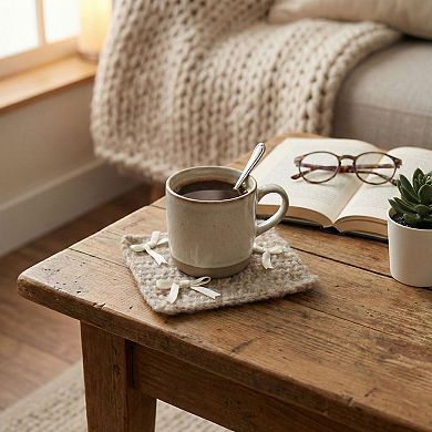 Knit Coaster with Ribbon Bow Accents Soft Table Protector