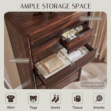 Modern 7-Drawer Tall Dresser for Bedroom, Wood Storage Chest with Rounded Corners & Large Storage