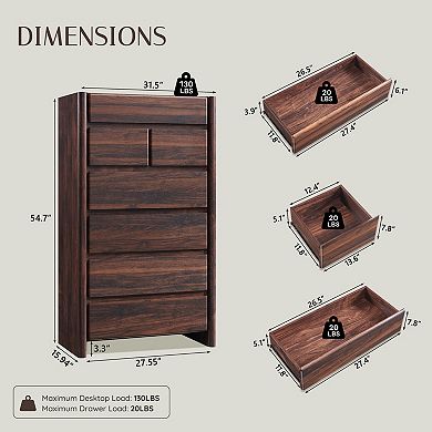 Modern 7-Drawer Tall Dresser for Bedroom, Wood Storage Chest with Rounded Corners & Large Storage