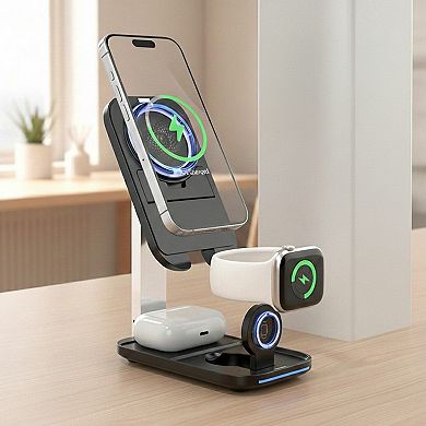 3-in-1 Wireless Charging Stand with Adjustable Phone Holder Compatible with Qi Enabled Devices
