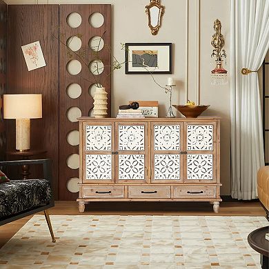 59" Chic Natural Wood Accent Storage Cabinet with 4 Doord 3 drawers