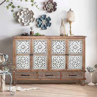 59" Chic Natural Wood Accent Storage Cabinet with 4 Doord 3 drawers