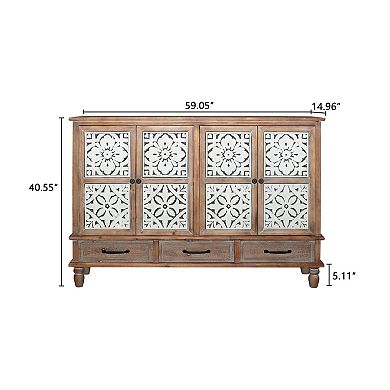 59" Chic Natural Wood Accent Storage Cabinet with 4 Doord 3 drawers