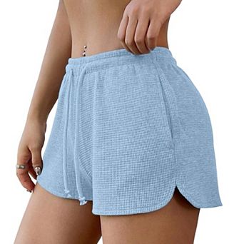Women's High Waisted Waffle Knit Elastic Drawstring Summer Casual Soft Activewear Shorts With Pocket