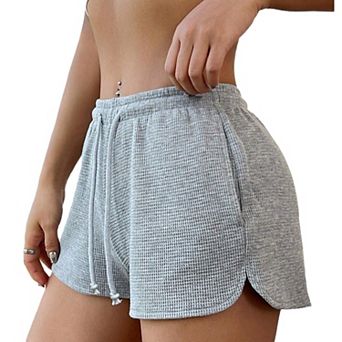 Women's High Waisted Waffle Knit Elastic Drawstring Summer Casual Soft Activewear Shorts With Pocket