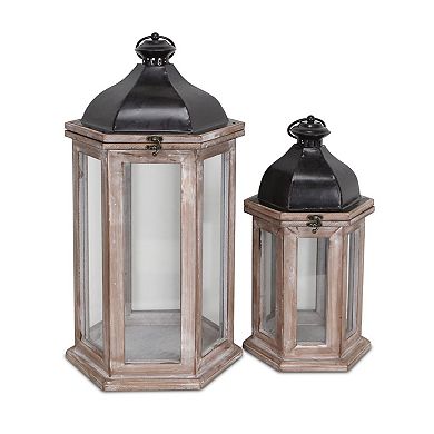 HomeRoots Set of Two Brown Geometric Metal And Solid Wood Floor Lantern Candle Holders