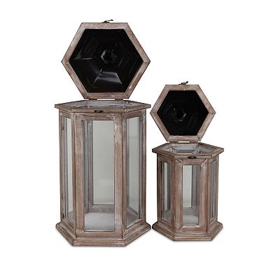 HomeRoots Set of Two Brown Geometric Metal And Solid Wood Floor Lantern Candle Holders