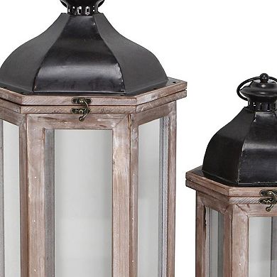 HomeRoots Set of Two Brown Geometric Metal And Solid Wood Floor Lantern Candle Holders