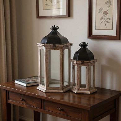 HomeRoots Set of Two Brown Geometric Metal And Solid Wood Floor Lantern Candle Holders