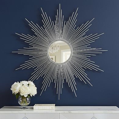 HomeRoots 32" Silver Metal Sunburst Geometric Framed Accent Mirror