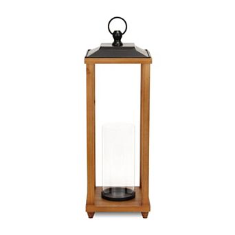 HomeRoots 24" Brown And Black Geometric Metal And Solid Wood Floor Lantern Candle Holder