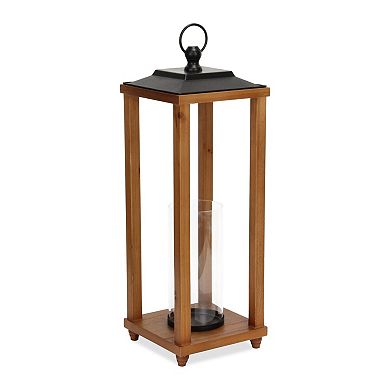 HomeRoots 24" Brown And Black Geometric Metal And Solid Wood Floor Lantern Candle Holder